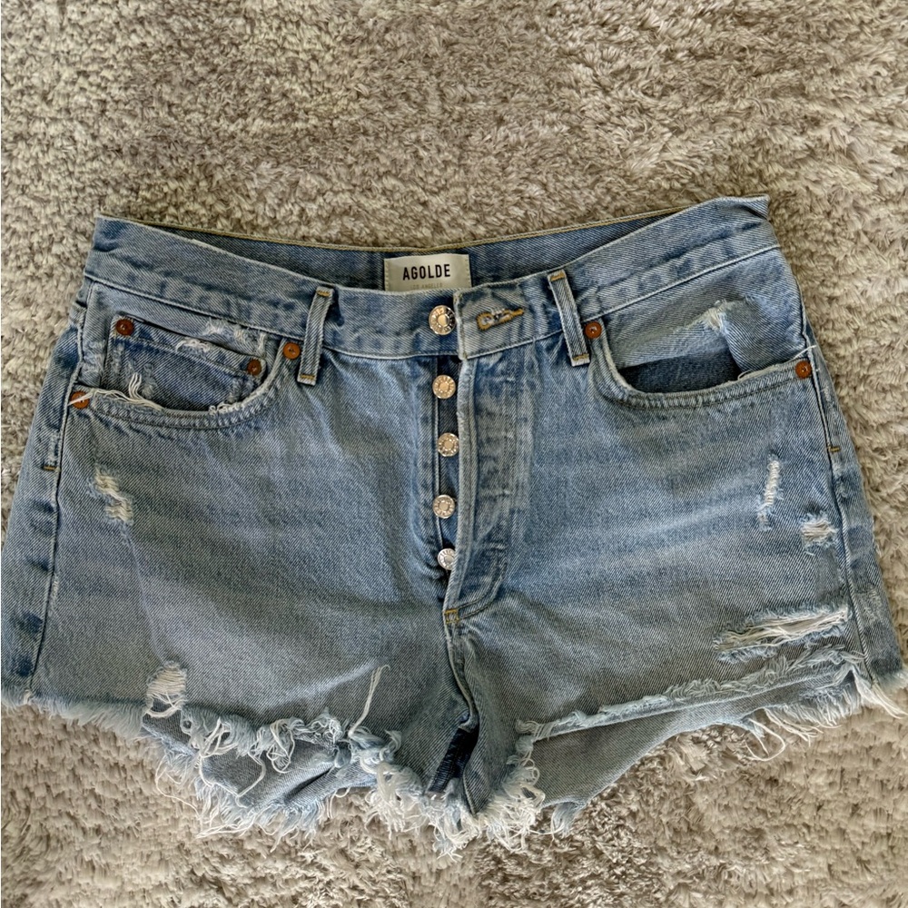 Agolde Light Blue Distressed Jean Shorts